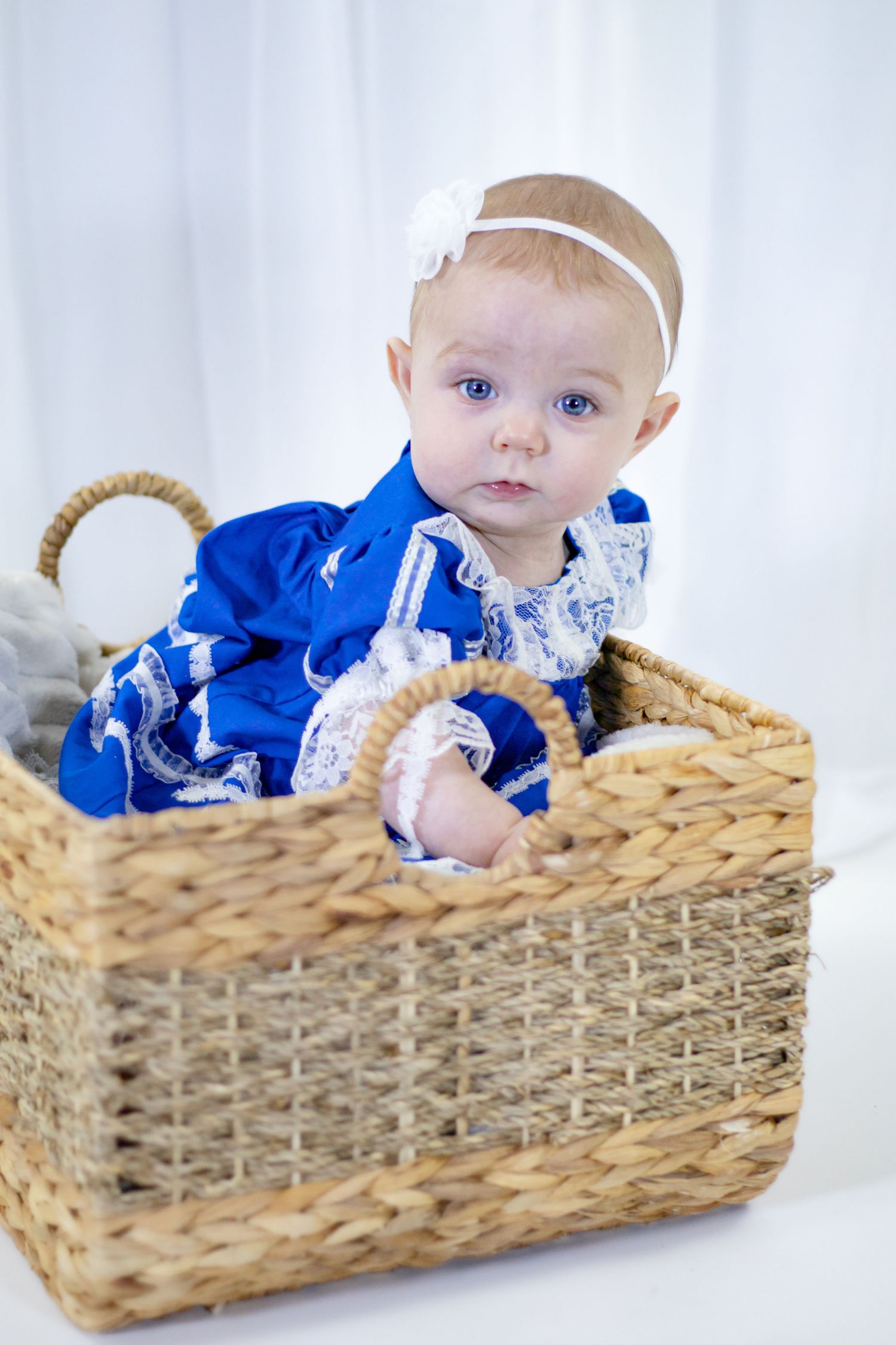 An adorable baby girl wearing a blue lace dress and white headband sits inside a large wicker basket.