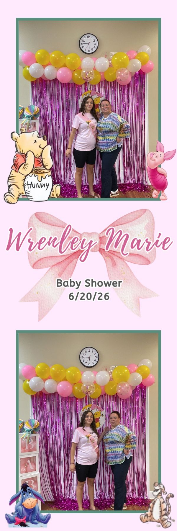 Two women pose together at Wrenley Marie Winnie the Pooh themed baby shower with pink balloon arch on 6/20/26.