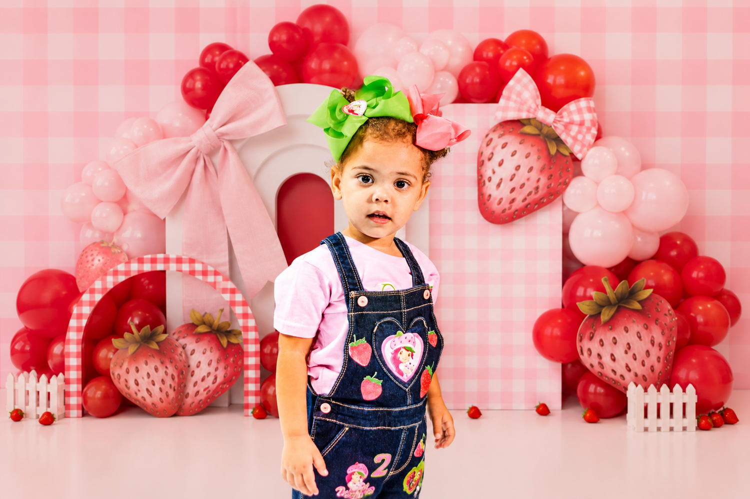 Toddler girl in denim overalls poses before a strawberry-themed backdrop with pink balloons and bow decorations.