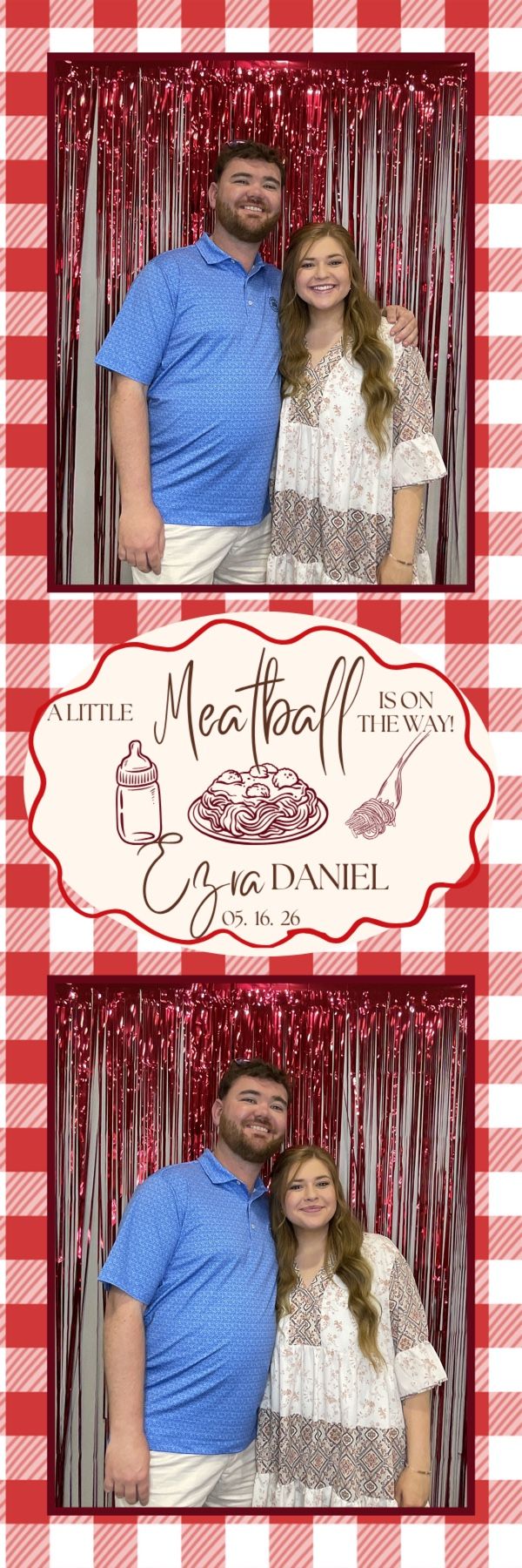 Couple poses at a baby shower photo booth for Ezra Daniel, due 05.16.26, with red gingham and tinsel backdrop.