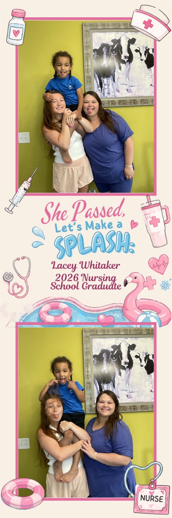Two women and a child laugh together at Lacey Whitaker's 2026 nursing school graduation party.