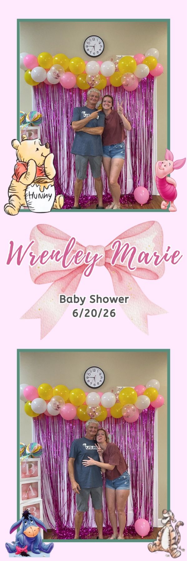 Couple poses at Wrenley Marie baby shower photo booth with pink balloons and Winnie the Pooh decorations on 6/20/26.