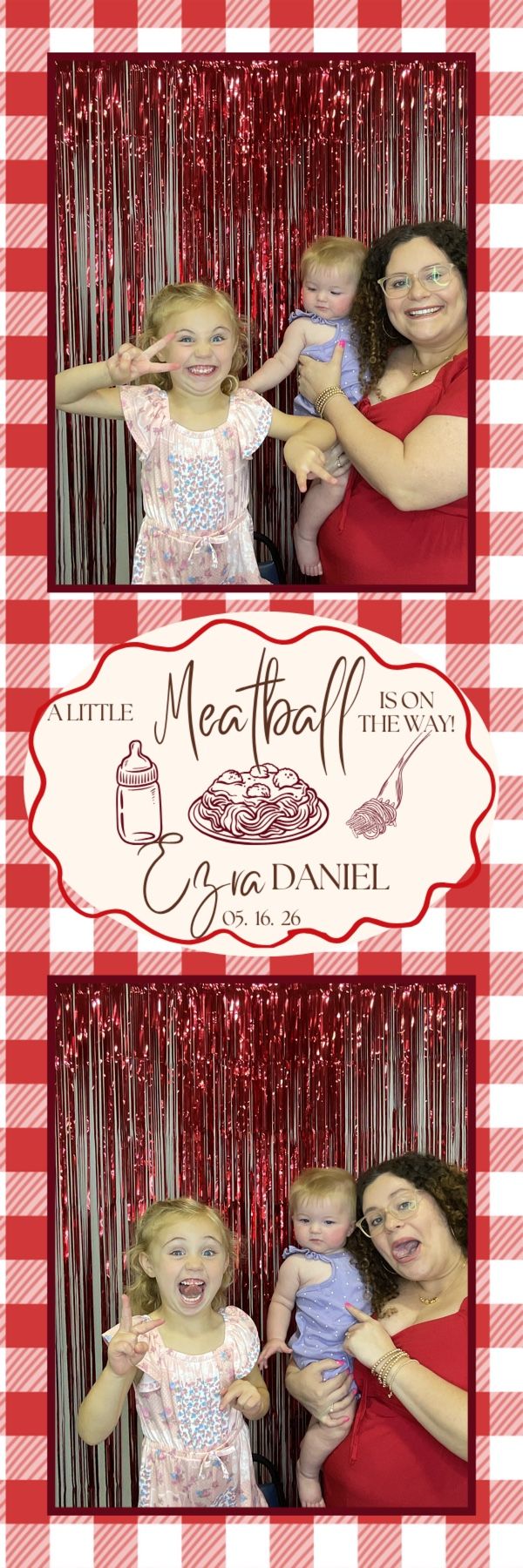 Woman in red dress holds baby while posing with young girl at a meatball baby shower booth.