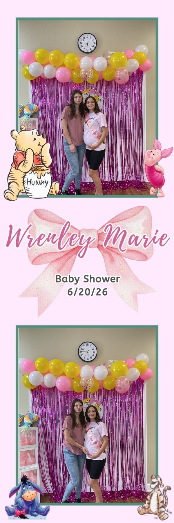 Two women pose at Wrenley Marie baby shower with Winnie the Pooh theme, pink metallic fringe and balloon arch.