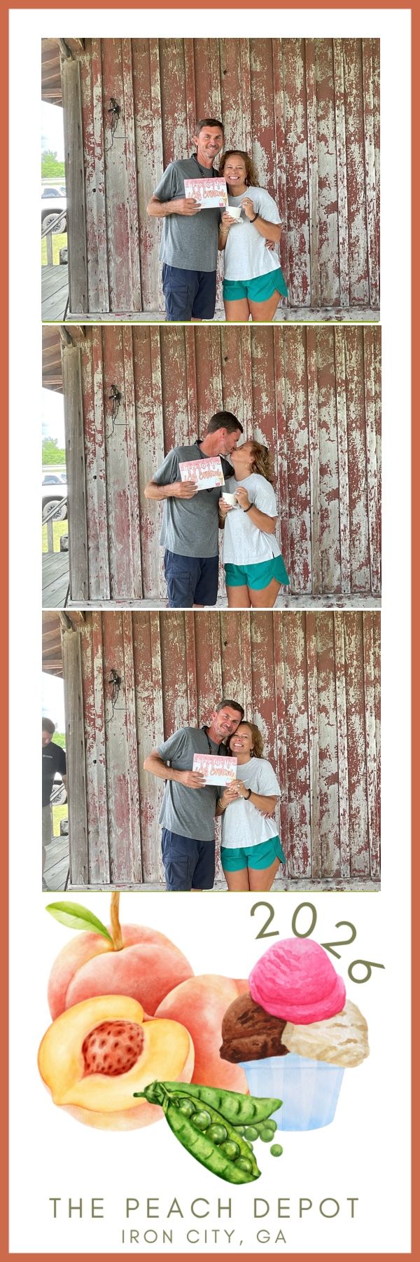 A couple poses playfully at The Peach Depot photo booth in Iron City, GA, holding a sign against a rustic barn wall.