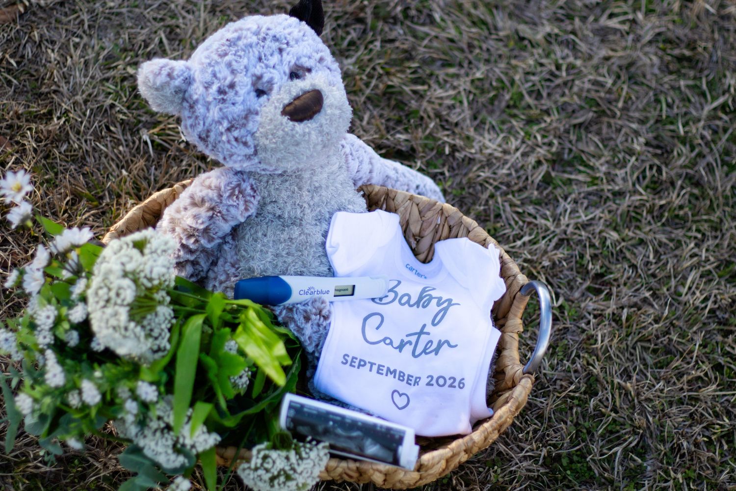 Baby Carter September 2026 onesie in basket with teddy bear and flowers.