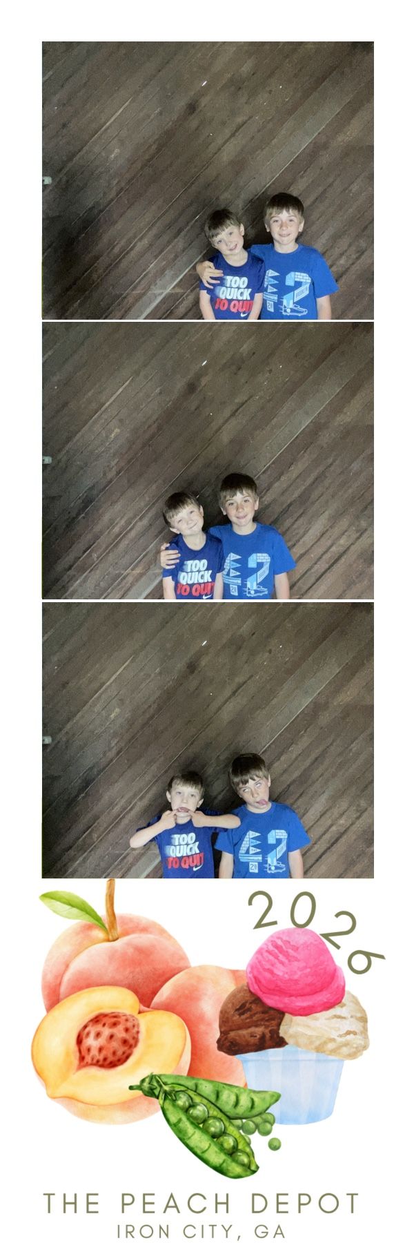 Two boys in blue shirts pose at The Peach Depot photo booth in Iron City, GA, 2026.