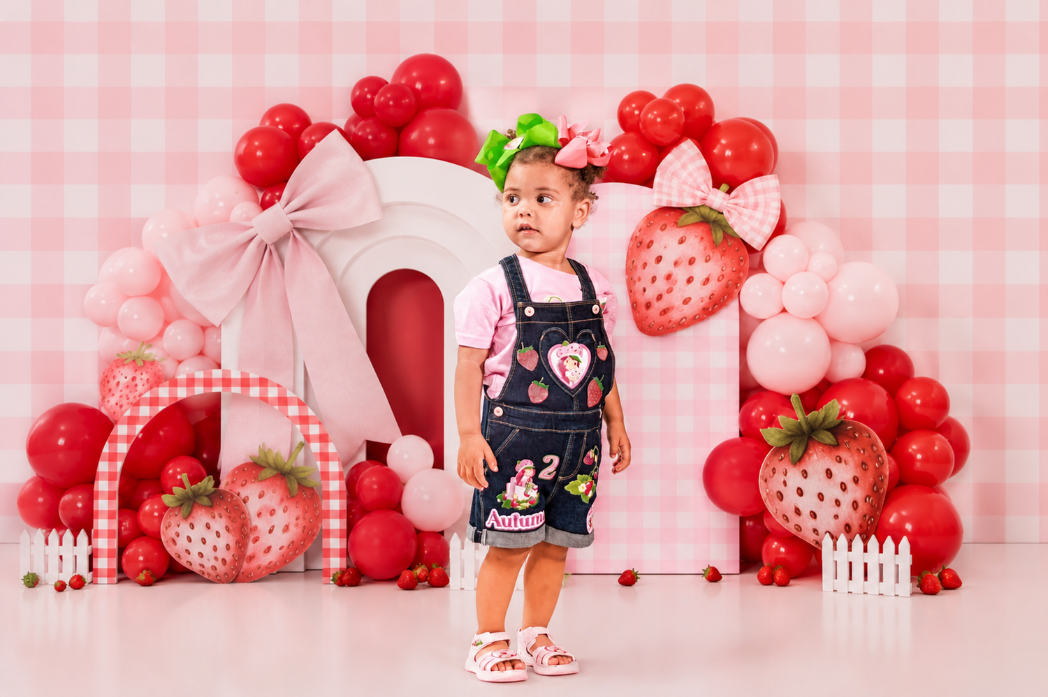 Toddler girl in denim overalls poses at a strawberry-themed birthday party with pink balloons and decorations.