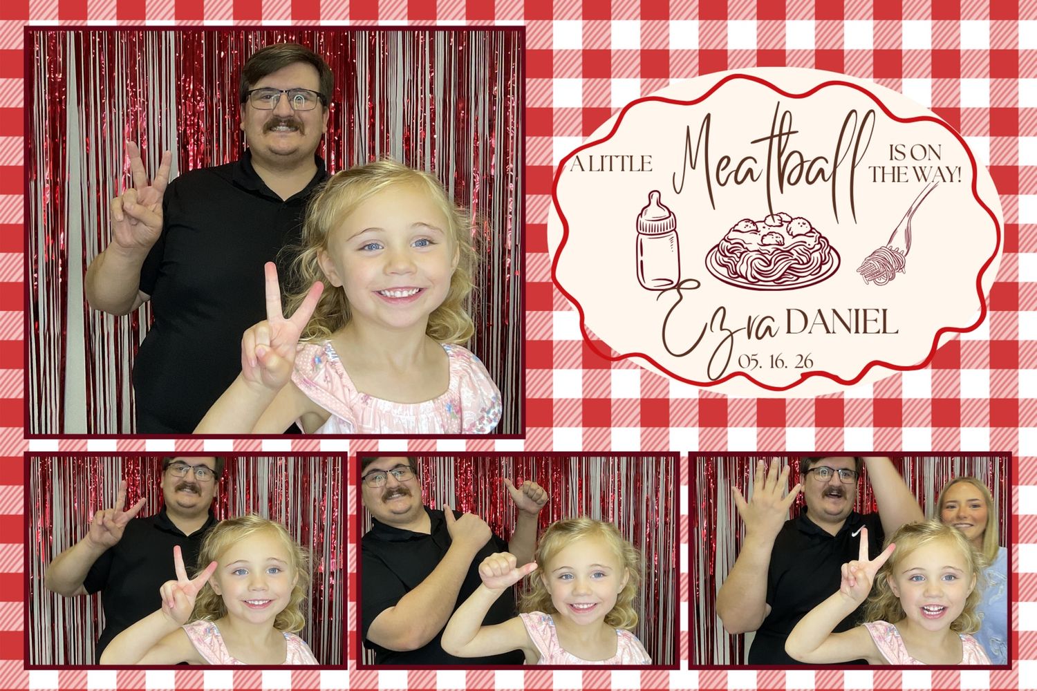 Fun photo booth strip of a man and young girl making silly poses at a Meatball themed baby shower.
