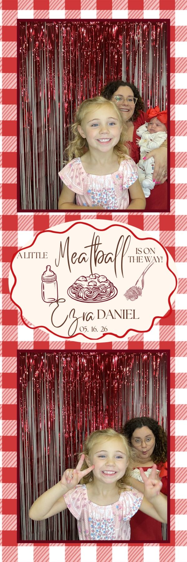 Young girl and woman with newborn pose at a meatball-themed baby shower photo booth.