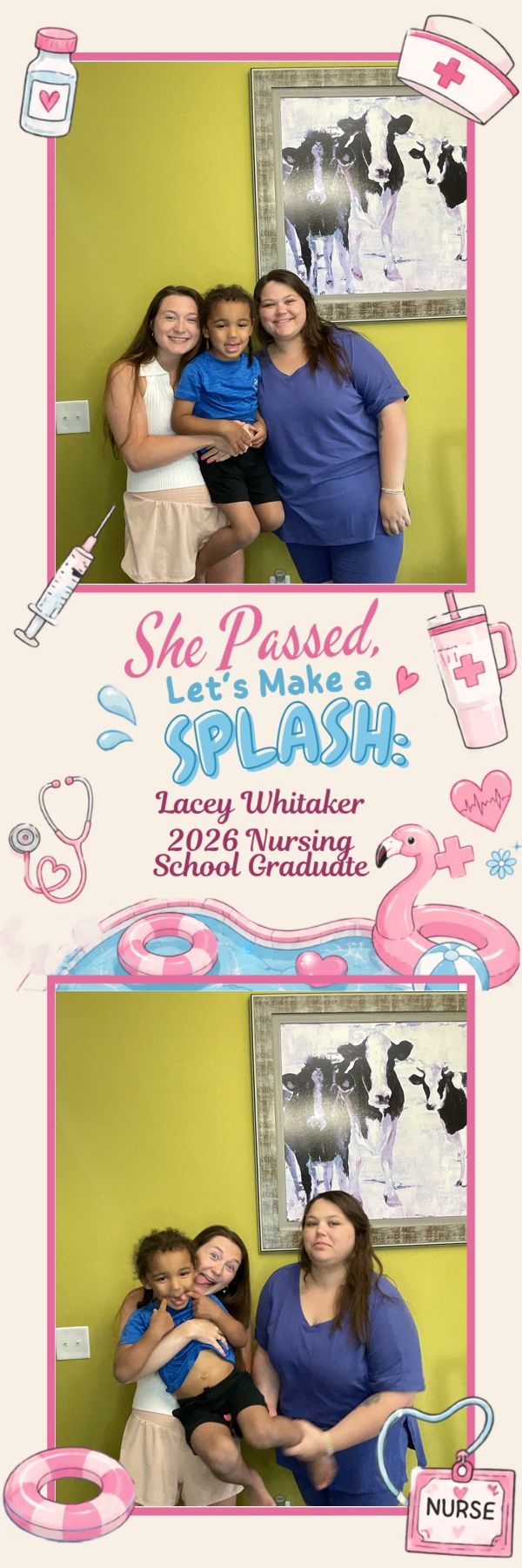 Two women and a child celebrate at Lacey Whitaker's 2026 nursing school graduation party.