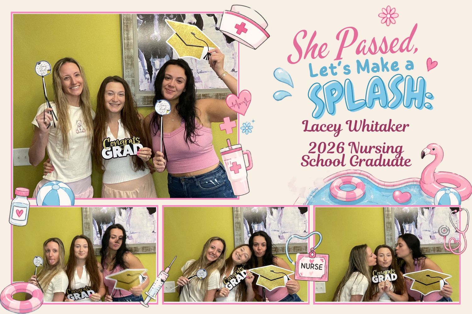 Photo booth collage celebrating Lacey Whitaker, 2026 Nursing School Graduate, at a splash-themed graduation party.