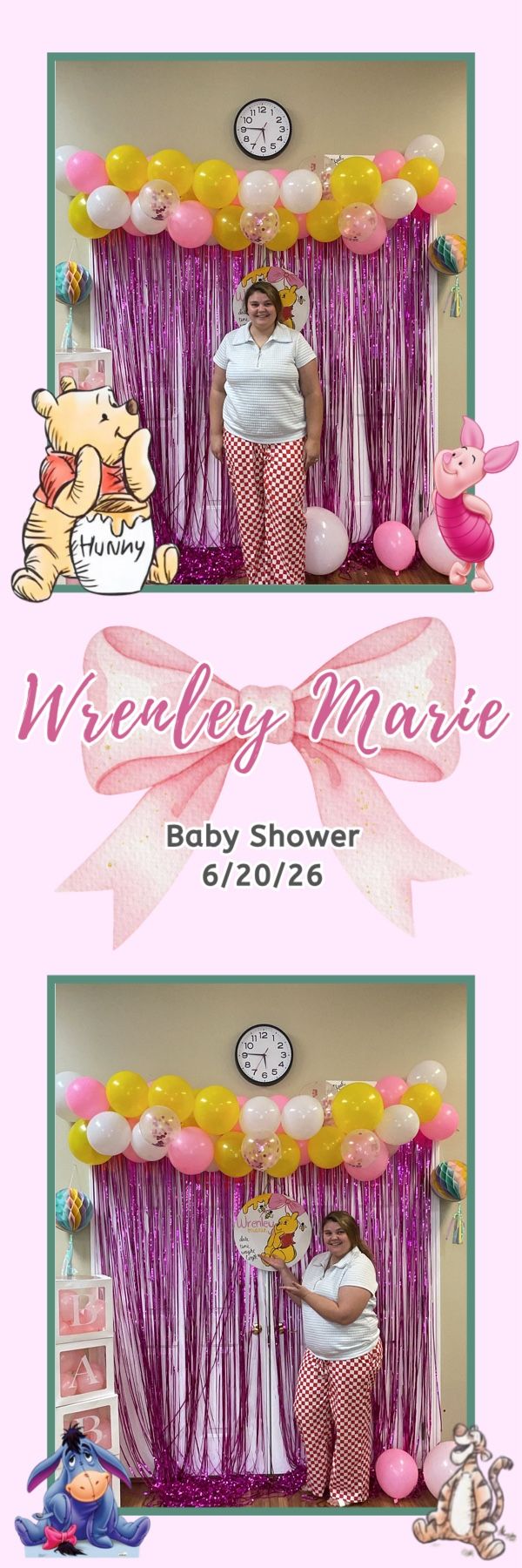 Winnie the Pooh themed baby shower photo collage for Wrenley Marie on 6/20/26 with pink balloons and tinsel backdrop.