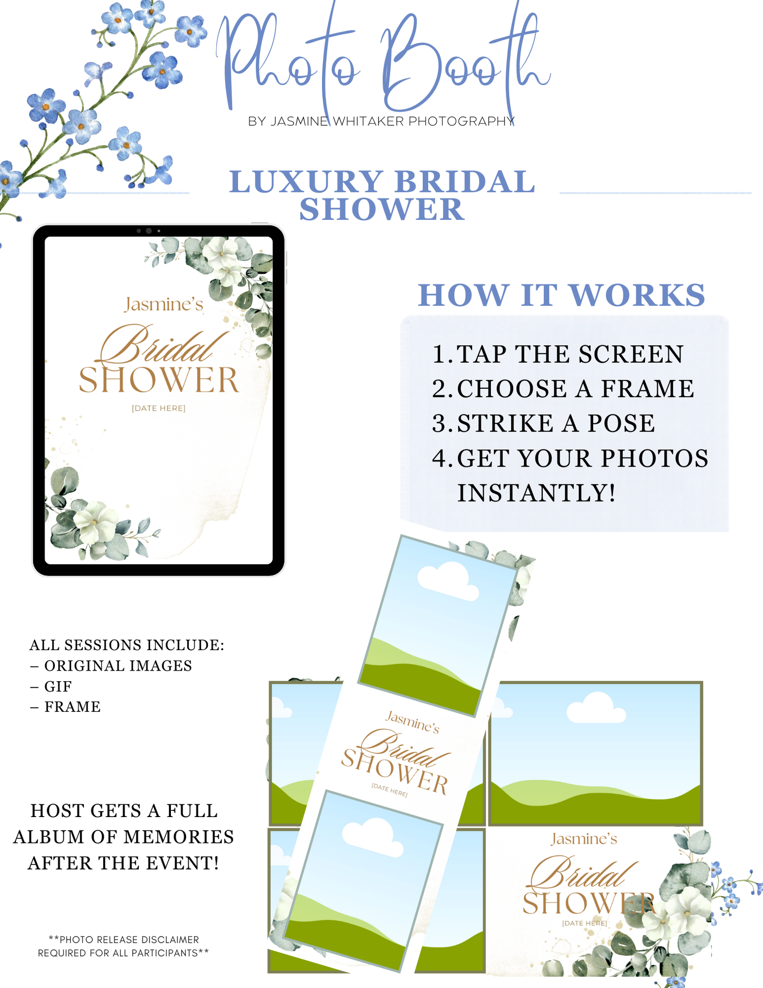 Luxury bridal shower photo booth flyer by Jasmine Whitaker Photography with eucalyptus design and step-by-step instructions.