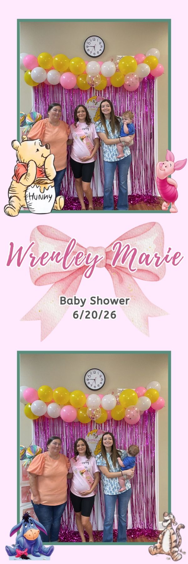 Three women including pregnant mom pose at Wrenley Marie Winnie the Pooh themed baby shower with pink balloon arch.