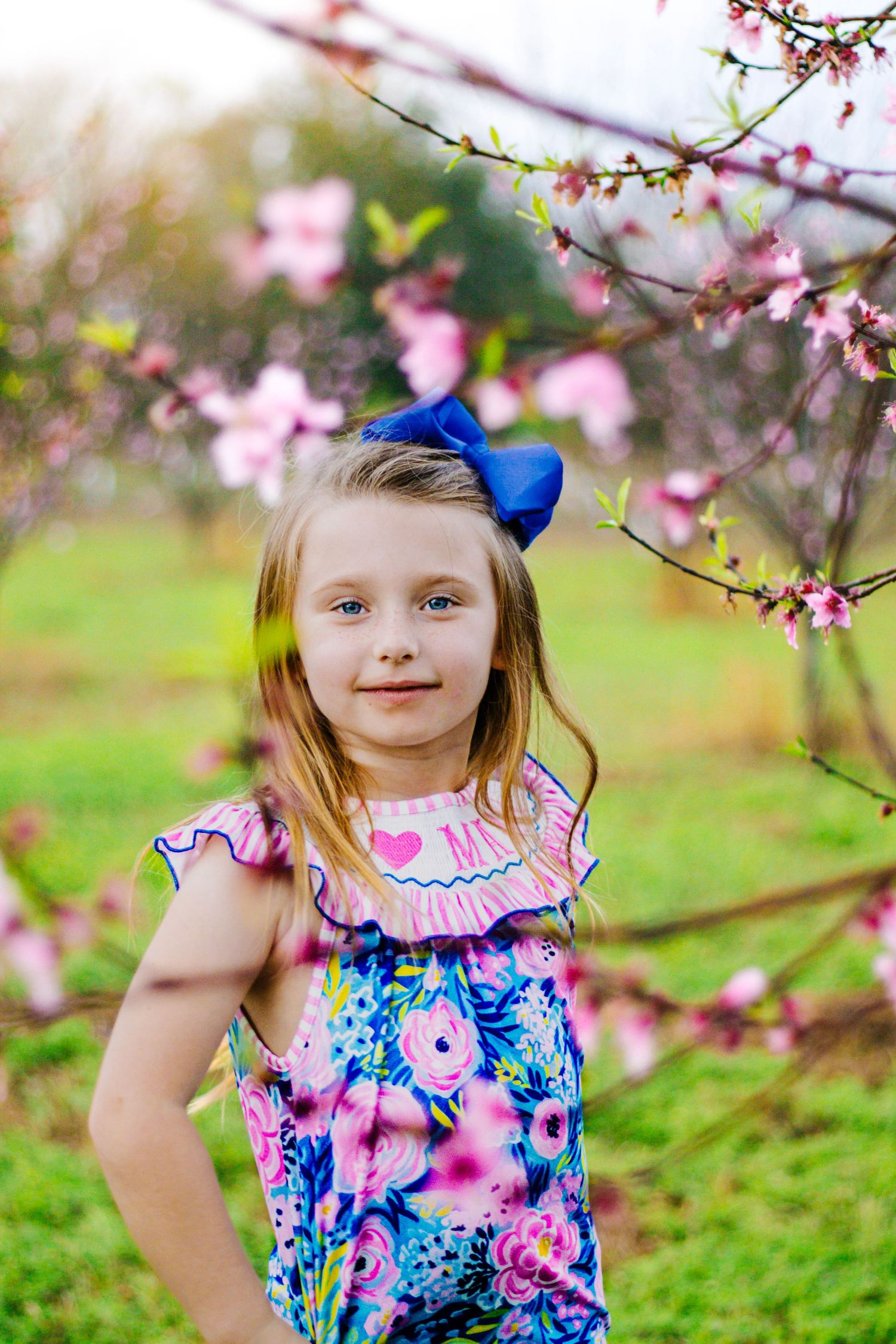 Pretty young girl with blue hair bow standing beside pink flowering cherry blossom tree branches outdoors.