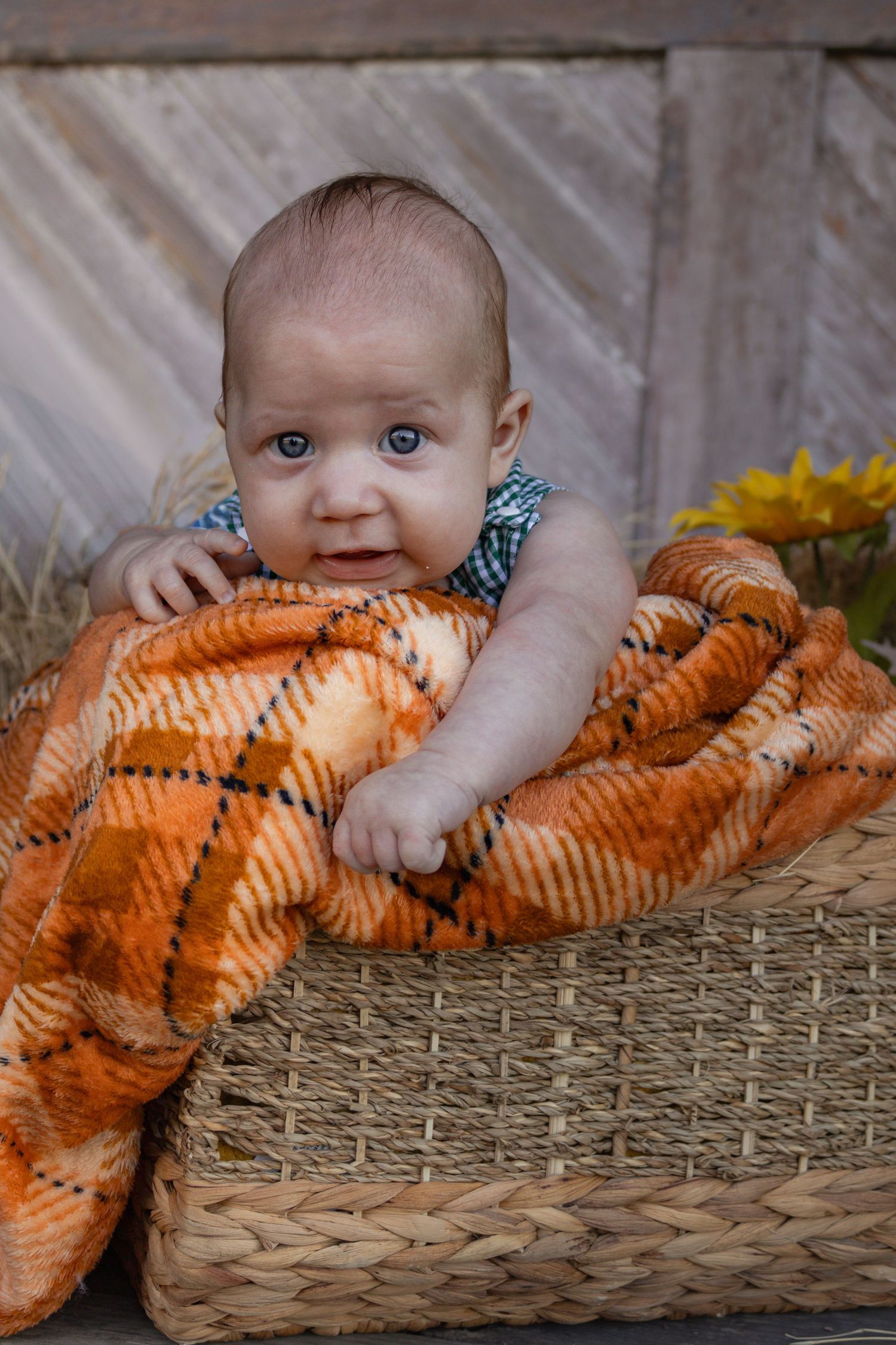 A blue-eyed baby boy peeks over an orange plaid blanket in a wicker basket outdoors.