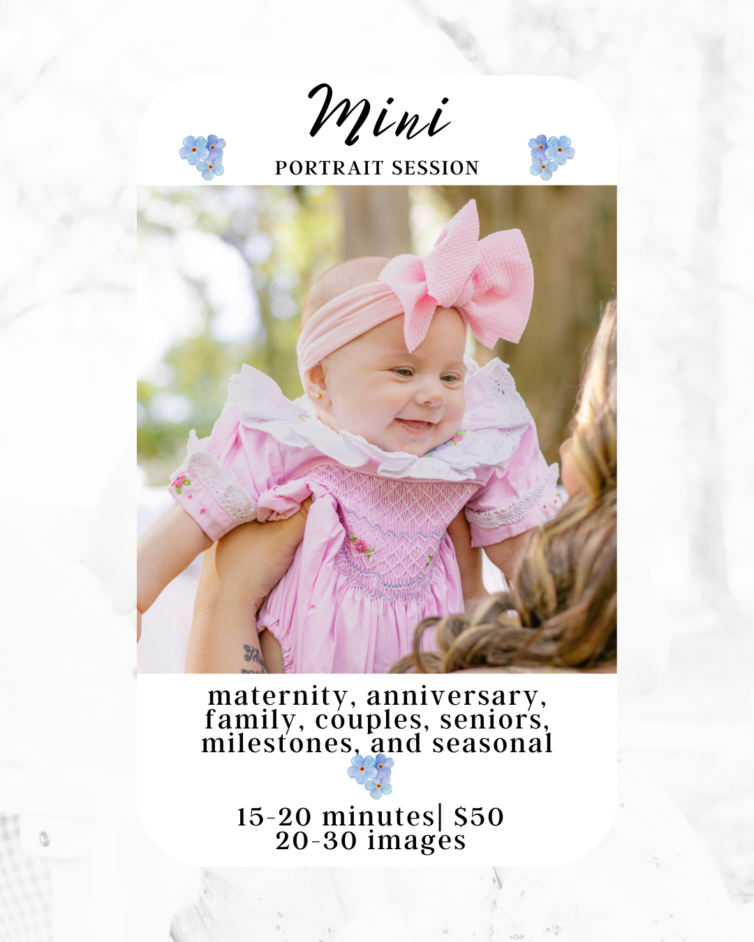 Mini portrait session featuring a smiling baby in pink smocked dress with bow, 15-20 minutes for $50.
