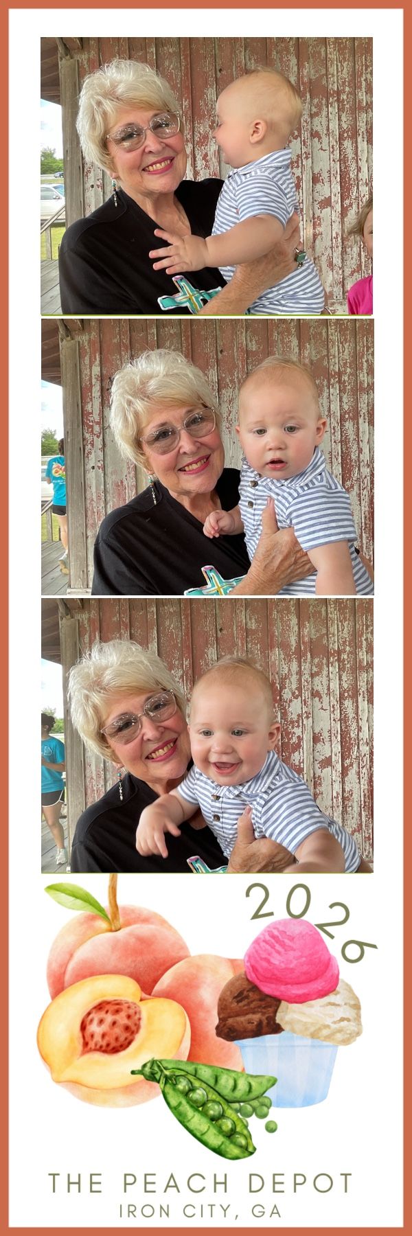 An elderly woman lovingly holds a smiling baby in a photo booth strip at The Peach Depot, Iron City, GA.