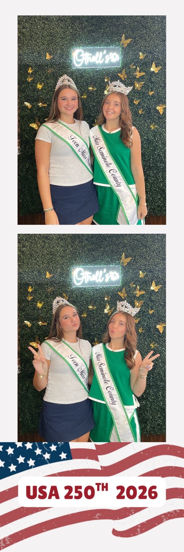 Two teen beauty queens in crowns and sashes pose for photo booth pictures at a USA 250th 2026 celebration event.