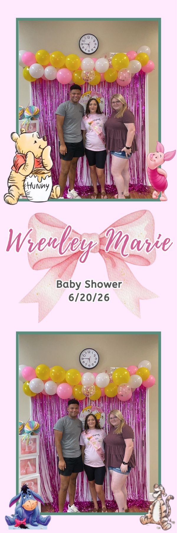 Three guests pose at Wrenley Marie Winnie the Pooh themed baby shower with pink and yellow balloon garland.