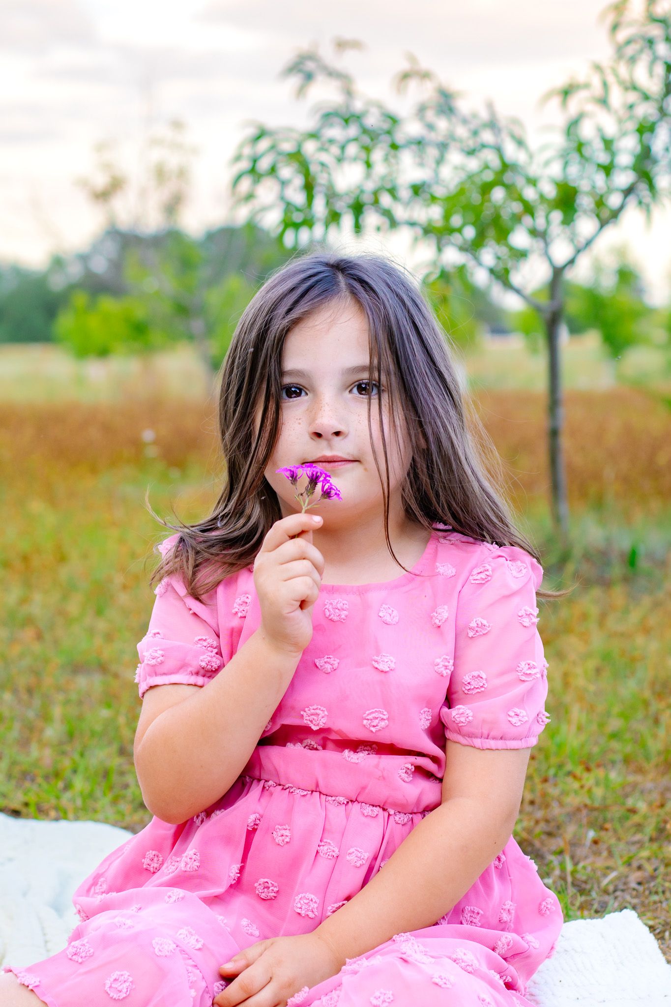 Young girl in pink dress holding a small purple wildflower while sitting outdoors in a green park setting.