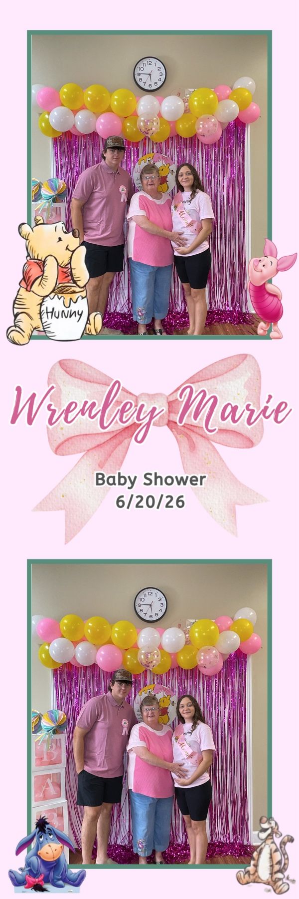 Three guests pose at Wrenley Marie baby shower featuring Winnie the Pooh decor, pink balloons, and fringe backdrop.