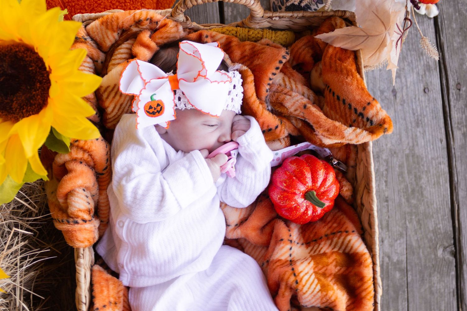 A sleeping newborn in white outfit with pumpkin bow rests beside a small pumpkin in a basket.