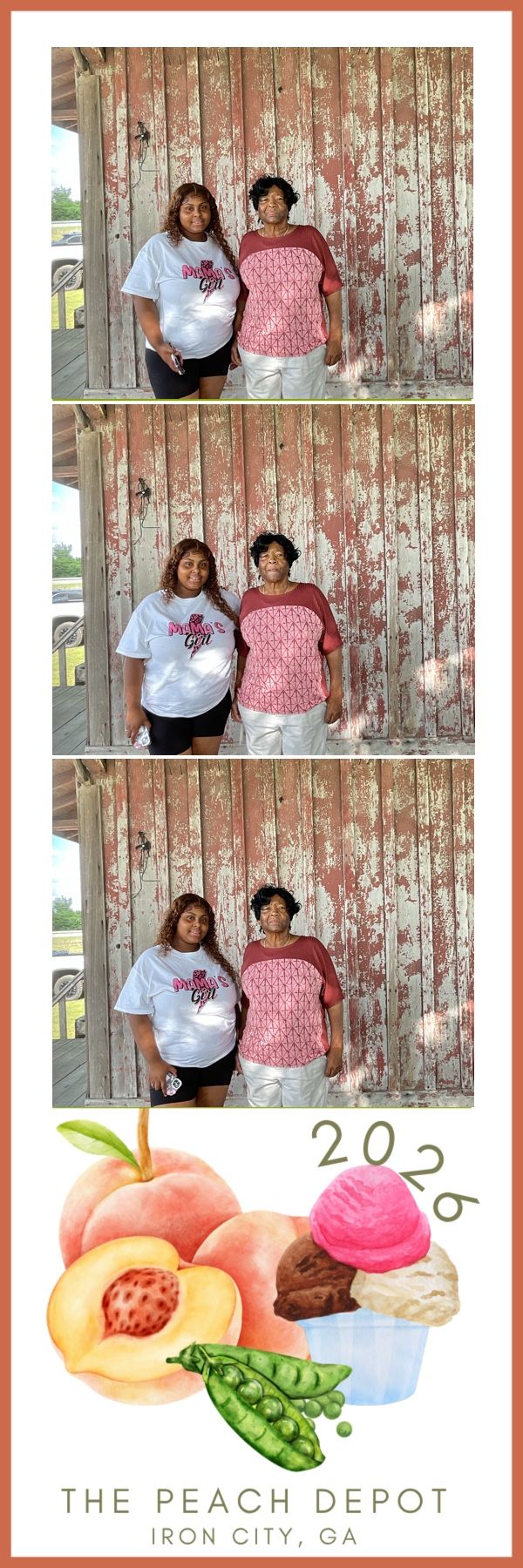 Two women pose together in a photo booth strip at The Peach Depot in Iron City, GA, 2026.