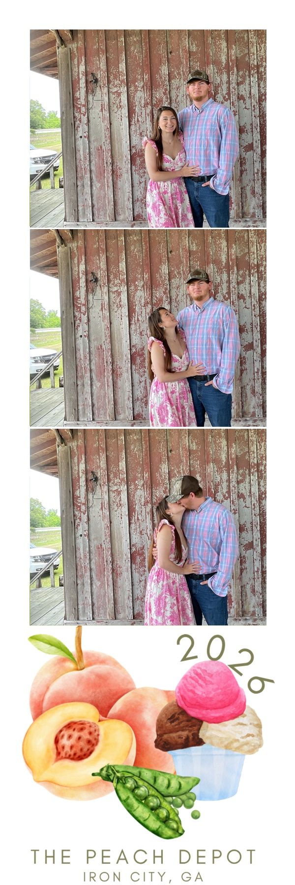 A couple poses romantically in a photo booth strip against a rustic barn wall at The Peach Depot, Iron City, GA.