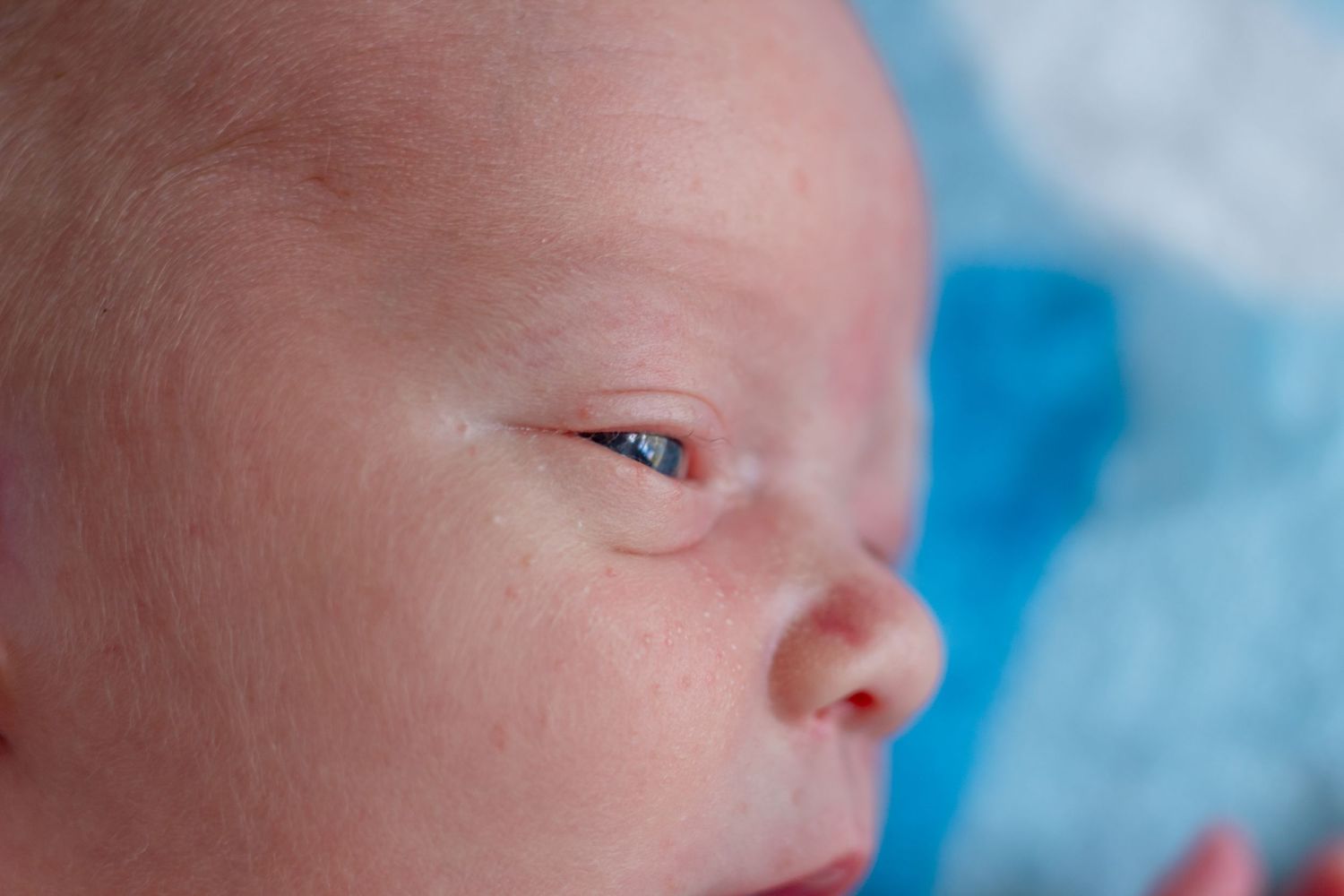 Extreme close-up of a newborn baby's face showing eye and delicate skin.