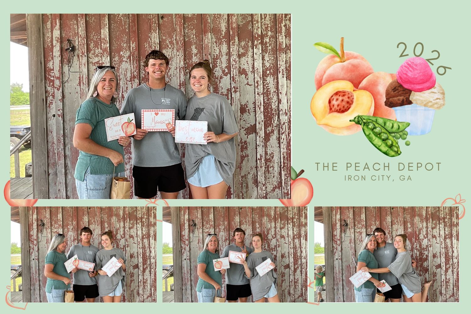 Photo booth strip from The Peach Depot Iron City GA showing three friends holding certificates posing in front of a rustic barn wall.