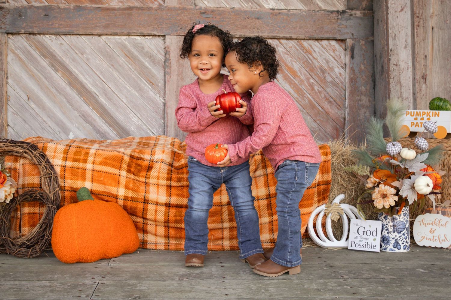 Two toddler girls in pink sweaters sharing apples on plaid blanket with pumpkin fall decor.