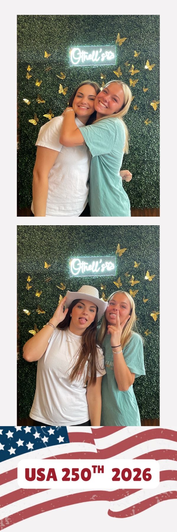 Two young women hug and pose playfully in a USA 250th 2026 photo booth at Girell's restaurant.