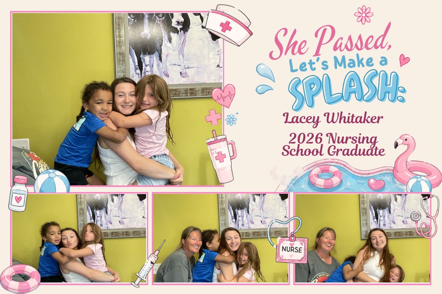 Photo booth strip celebrating Lacey Whitaker 2026 Nursing School Graduate with girls posing at a splash-themed party.