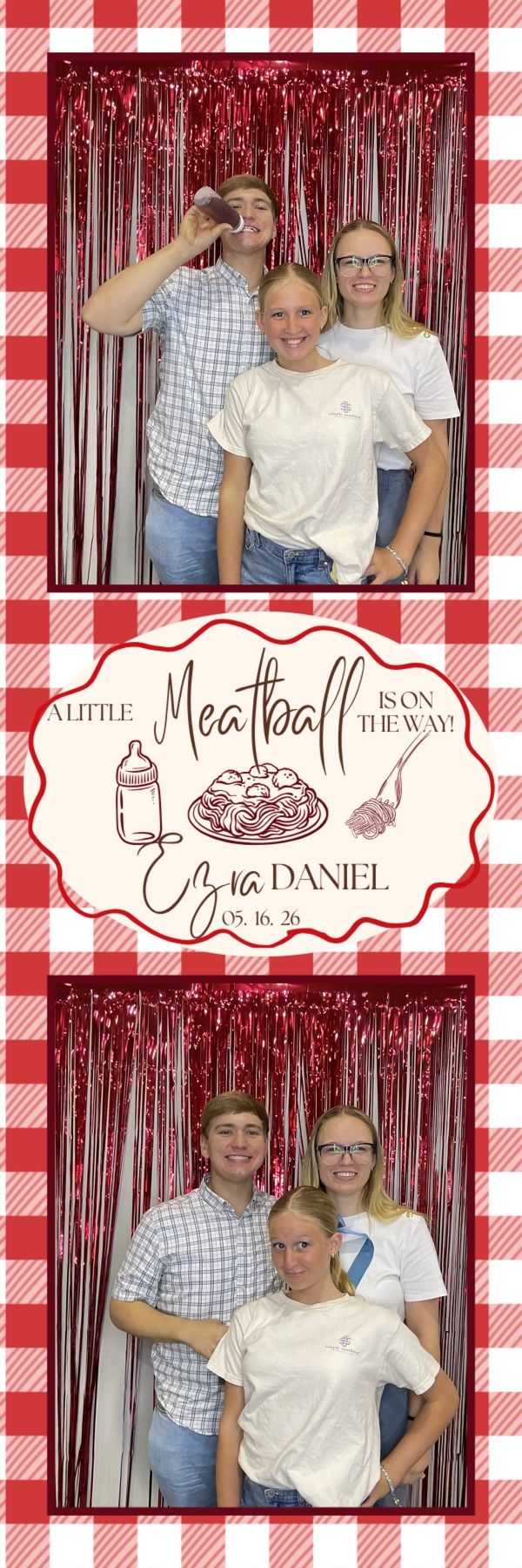 Three guests pose at a meatball-themed baby shower photo booth with red gingham border and metallic fringe backdrop.
