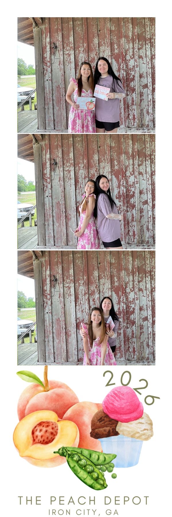 Two women pose for photo booth pictures at The Peach Depot in Iron City, GA, 2026.