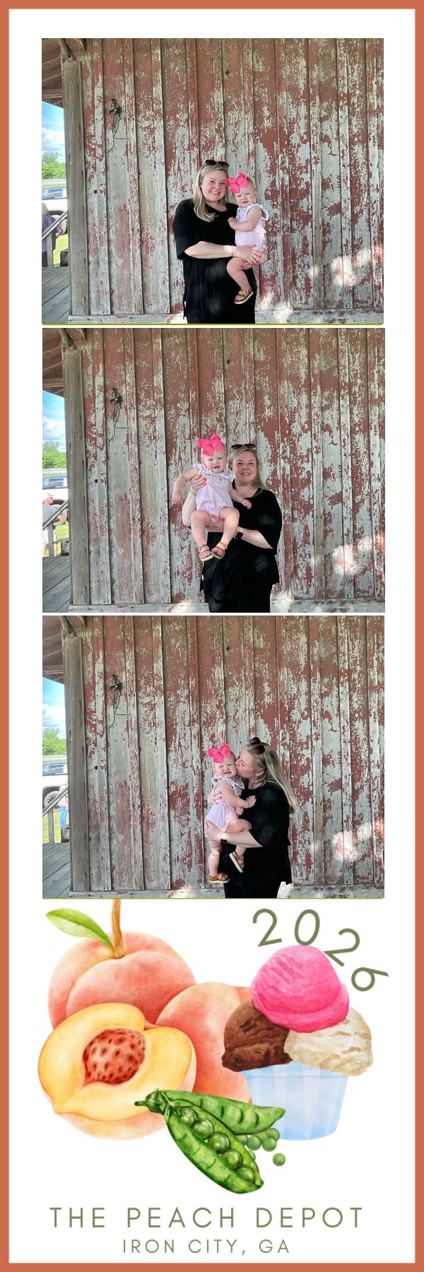 A photo booth strip from The Peach Depot in Iron City, GA showing a woman holding a baby in three poses against a rustic wall.