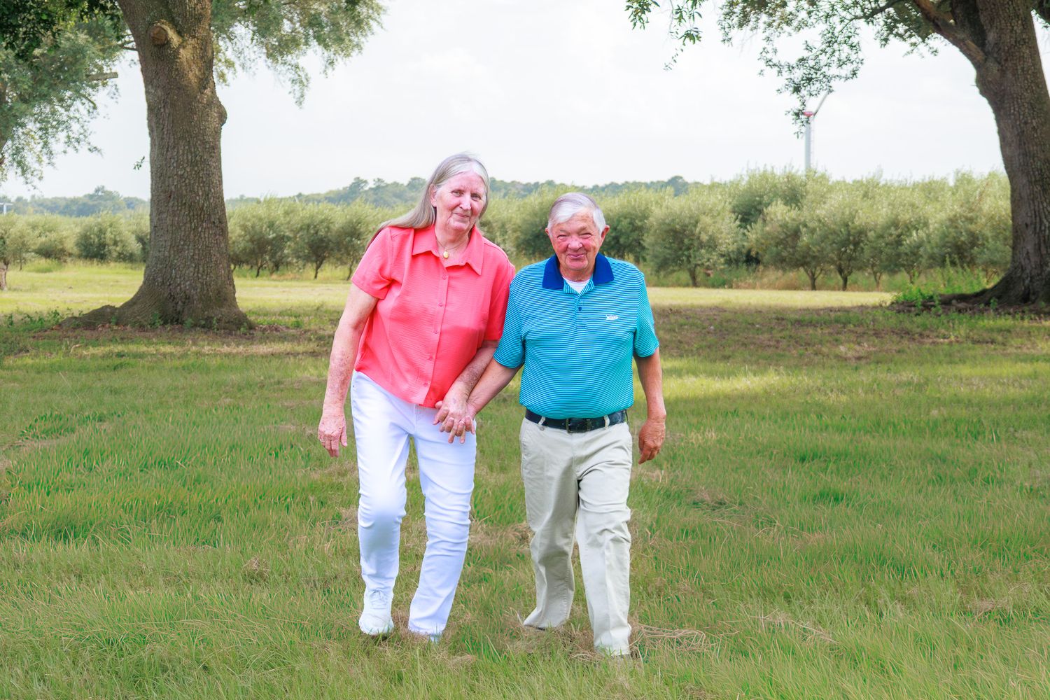 Elderly couple holding hands and walking together on lush green grass surrounded by trees outdoors.