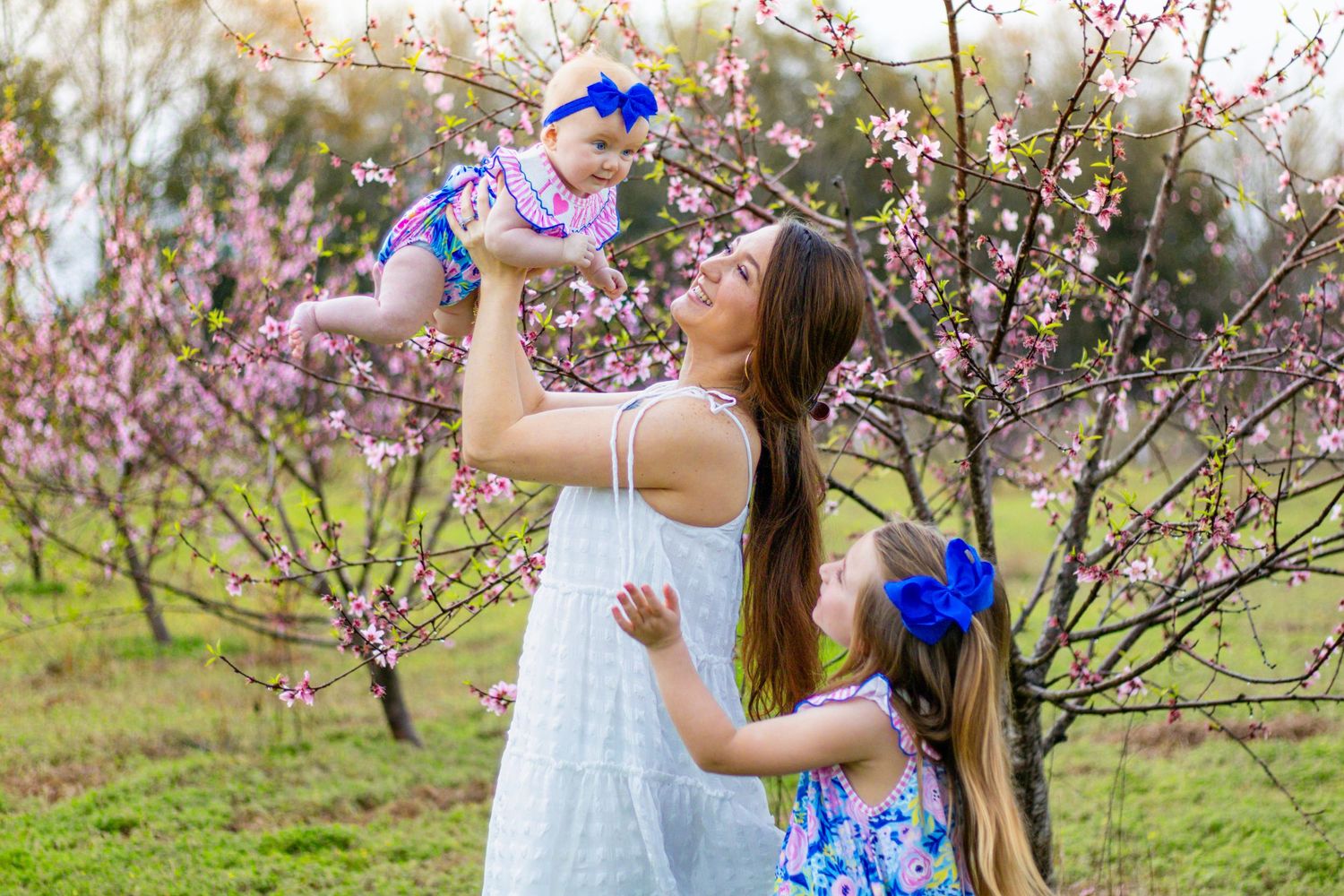 Mother raising baby girl in air while older daughter watches in pink flowering spring orchard.