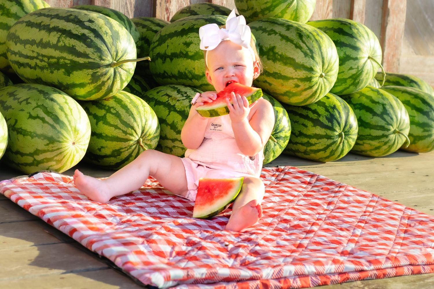 Baby girl in pink outfit eating watermelon slice on checkered blanket surrounded by pile of watermelons.