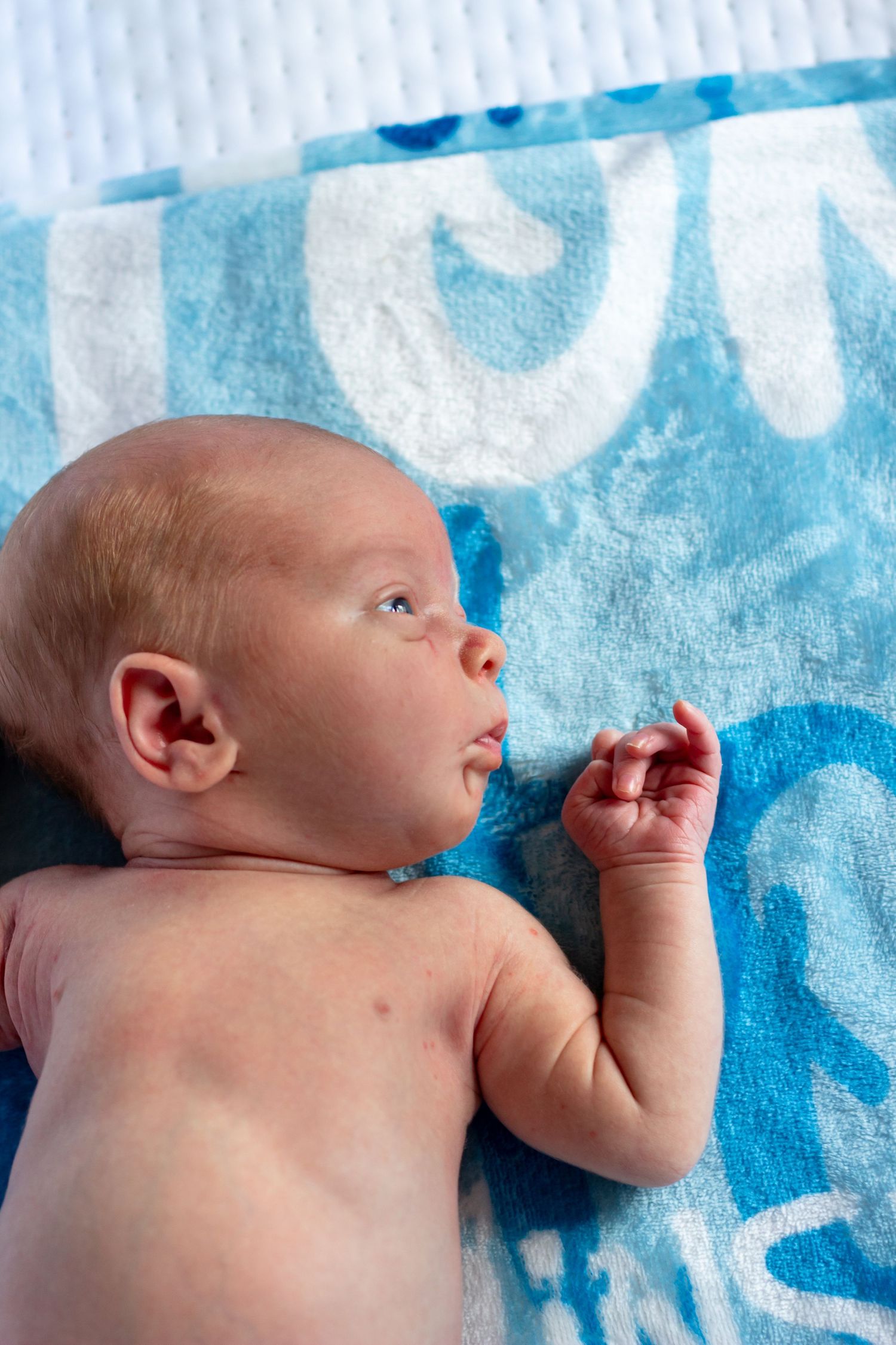 Newborn baby lying on back on a blue patterned blanket with hand raised.