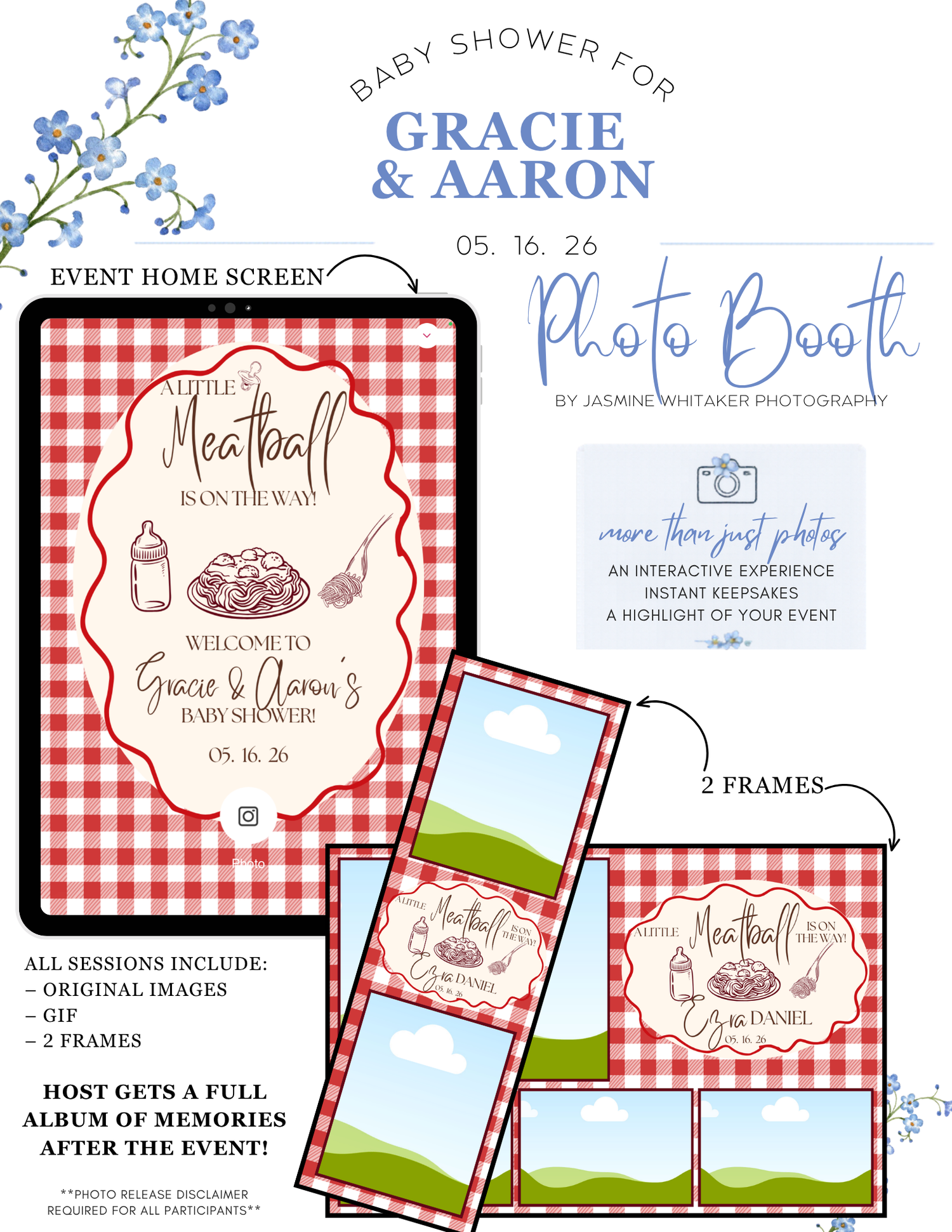 Baby shower photo booth flyer for Gracie & Aaron on 05.16.26, featuring red gingham design with event screen and frames.