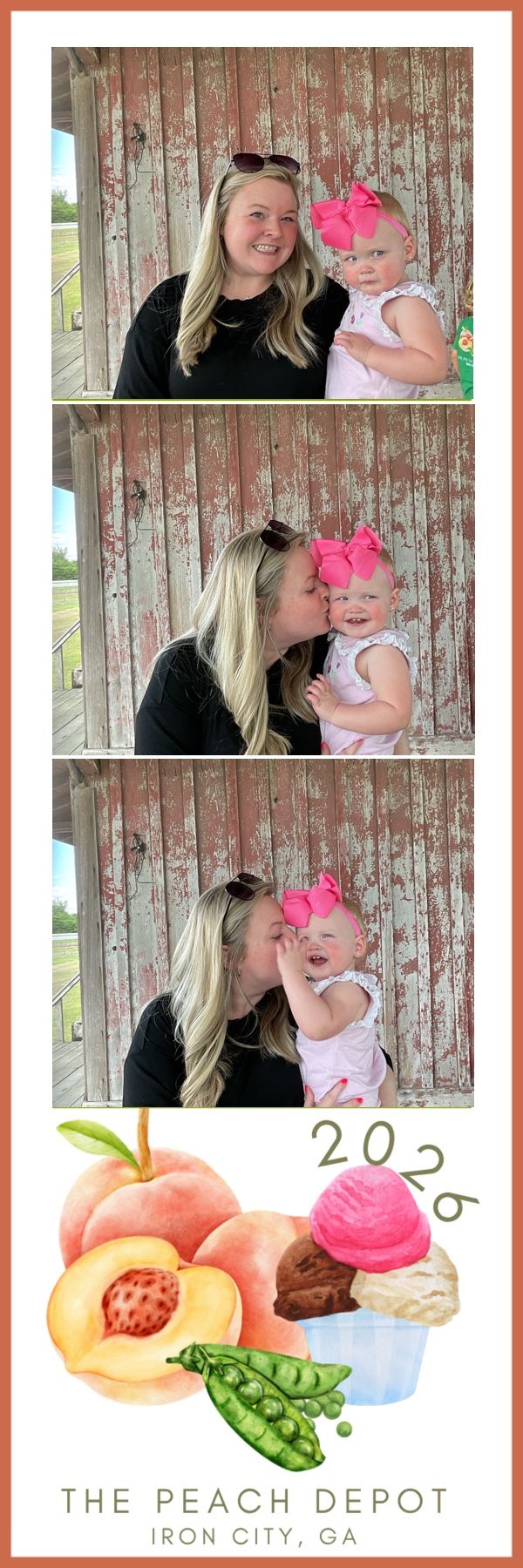 Photo booth strip from The Peach Depot in Iron City, GA showing a blonde woman kissing a baby girl with a pink bow.