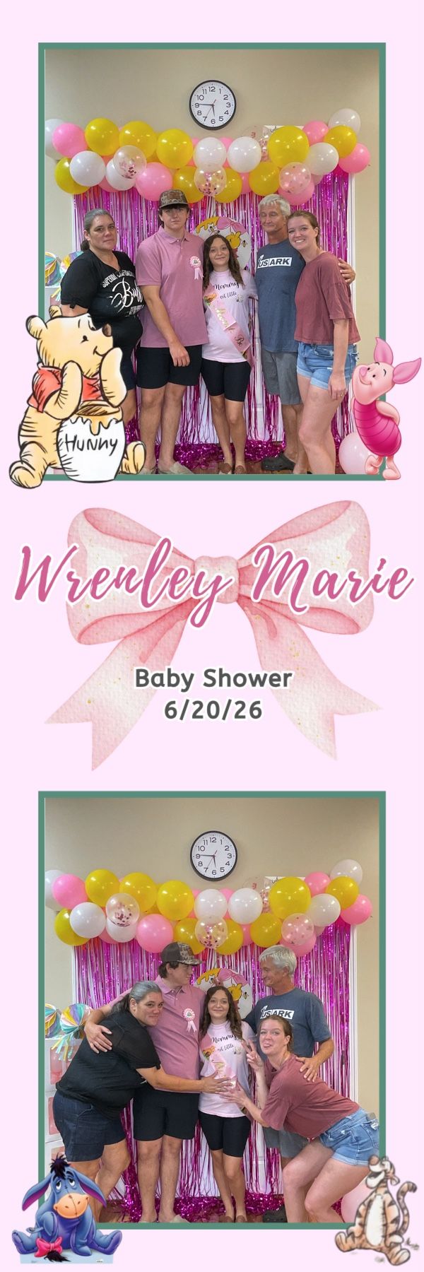 Winnie the Pooh themed baby shower photo booth for Wrenley Marie featuring family posing with pink and gold balloon arch.