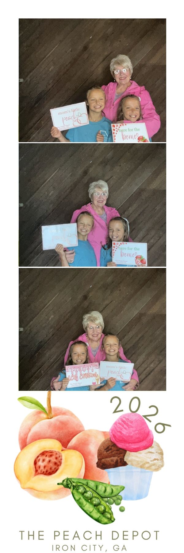 Three-generation family photo booth strip at The Peach Depot in Iron City, GA, showing grandmother and two grandchildren holding signs.