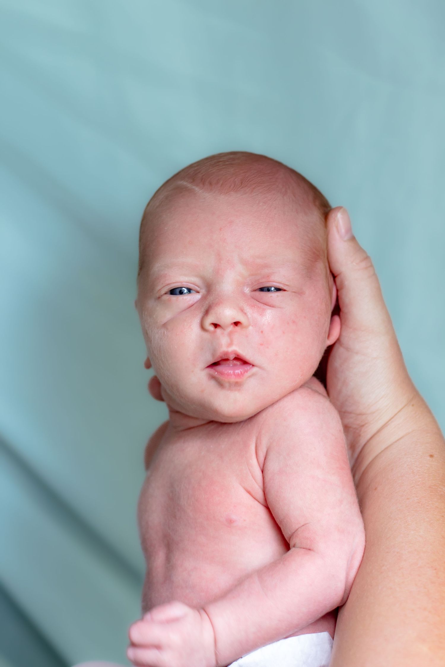 Newborn baby being cradled in an adult's hand against a soft blue background.