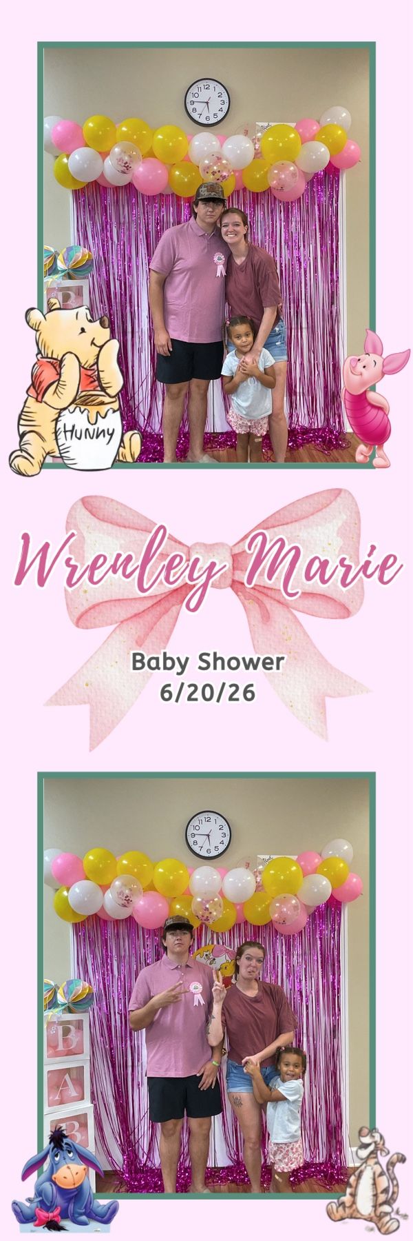 Family of three poses at Wrenley Marie baby shower with pink balloon arch and Winnie the Pooh theme on 6/20/26.