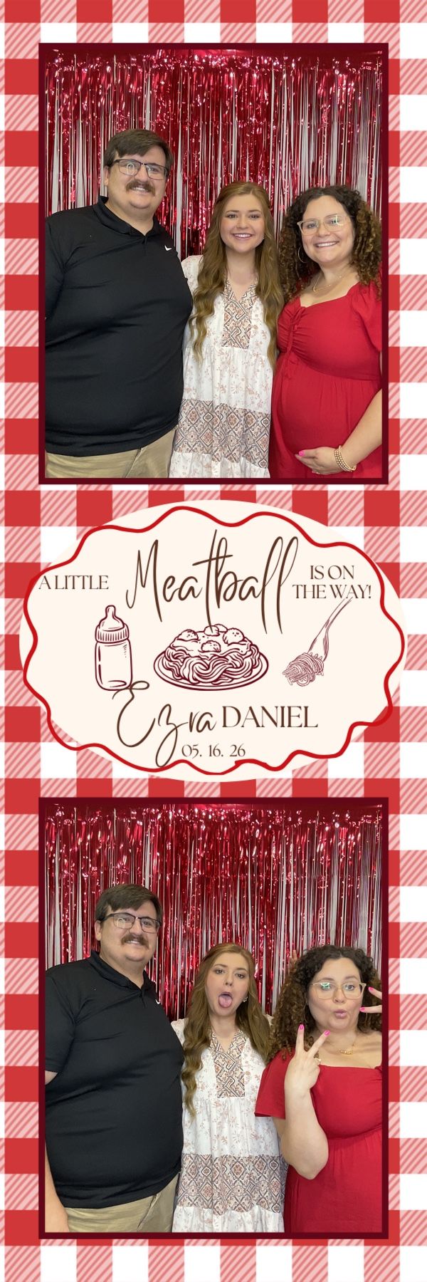 Photo booth strip of three adults posing and making funny faces at Ezra Daniel Meatball baby shower.