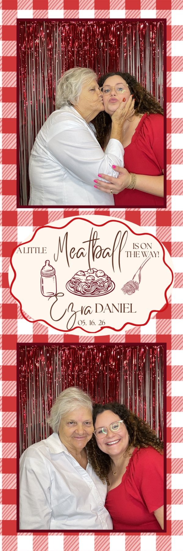 Photo booth strip from Ezra Daniel baby shower showing two women sharing a kiss and a sweet hug pose on red gingham.